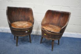 A PAIR OF BESPOKE CHAIRS, in the form of a coopered barrel, with a removable seat, that's