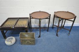 A SELECTION OF OCCASIONAL FURNITURE, to include a backgammon games table, with brass banding,