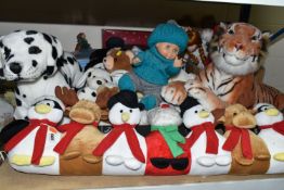 THREE BOXES OF VINTAGE DOLLS AND SOFT TOYS, to include a large plush tiger, Christmas draught