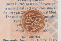 A 2001 ELIZABETH II, 22CT GOLD HALF SOVEREIGN COIN, 3.98 grams, 19mm, in blister pack with COA