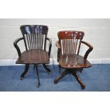 TWO 20TH CENTURY STAINED OFFICE CHAIRS, with open armrests, on four shaped leg, the lower chair with