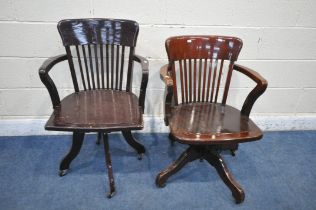 TWO 20TH CENTURY STAINED OFFICE CHAIRS, with open armrests, on four shaped leg, the lower chair with