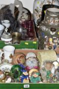 TWO BOXES OF CERAMICS, GLASS AND VASES, to include ten glass paperweights, five pieces of