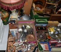 FOUR BOXES AND LOOSE WALKING STICKS, LAMPS, METAL WARE, TREEN AND SUNDRY ITEMS, to include a