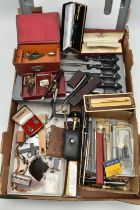 A BOX OF ASSORTED ITEMS, to include a cased set of 'Kincho' kitchen knives, a selection of pens
