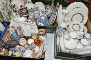 THREE BOXES OF CERAMICS, to include three Mason's Mandalay vases, tallest 31cm, a Mandalay jug, bowl