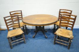 A VICTORIAN WALNUT AND INLAID OVAL TILT TOP LOO TABLE, raised on turned supports and four splayed