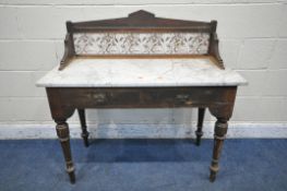 A 19TH CENTURY STAINED PINE MARBLE TOP WASH STAND, with a raised tile back, two frieze drawers, on