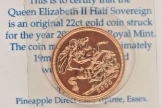 A 22ct GOLD HALF SOVEREIGN COIN 2000 ELIZABETH II, 3.99 grams, 19.30mm, .916 fine, in blister pack