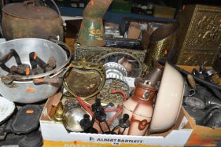 TWO BOXES AND LOOSE METALWARE, to include two cast iron cooking pots, a brass coal scuttle and log