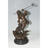 A MODERN BRONZE SCULPTURE OF POSEIDON, depicting the Greek God emerging from the waves holding his