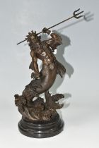 A MODERN BRONZE SCULPTURE OF POSEIDON, depicting the Greek God emerging from the waves holding his