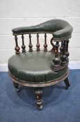 A 19TH CENTURY MAHOGANY CAPTAINS CHAIR, with olive green leather upholstery to armrests and seat,