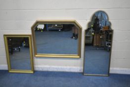 THREE GILT FRAME WALL MIRRORS, to include a bevelled edge mirror, with a shaped top, 116cm x 91cm, a