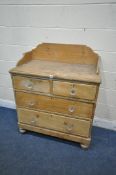 A 19TH CENTURY PINE CHEST OF TWO SHORT OVER TWO LONG DRAWERS / WASHSTAND, with a raised back, on