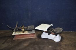 TWO VINTAGE SCALES FROM W&T AVERY AND ANOTHER, the Avery scales have an enamelled base and
