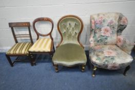 FOUR VARIOUS PERIOD CHAIRS, of different colours styles sizes and ages (condition report: all with