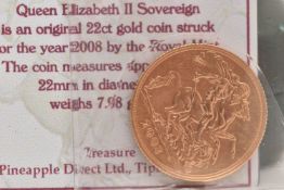 A BOXED 2008 ELIZABETH II, 22CT GOLD FULL SOVEREIGN COIN, 7.89 grams, 22mm, in blister pack with