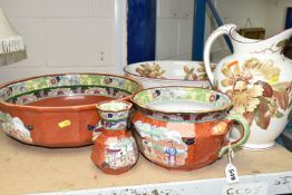 A MASON'S IRONSTONE VICTORIAN WASH SET, pattern 107, comprising a large bowl, diameter 41cm, chamber