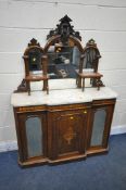 A VICTORIAN WALNUT AND INLAID MARBLE TOP CHIFFONIER, the raised mirror back with foliate detail, two