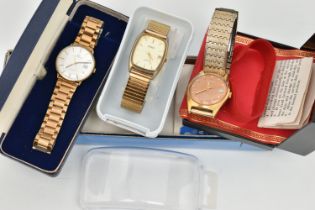 THREE WATCHES, to include a gentleman's Garrard quartz wristwatch with date dial, with personal