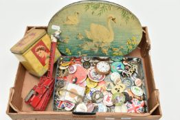 A BOX OF ASSORTED ITEMS, to include a plated 'Smiths' manual wind, open face pocket watch, Arabic