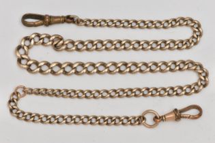 A YELLOW METAL CURB LINK ALBERT CHAIN, a graduated chain, fitted with two rolled gold lobster