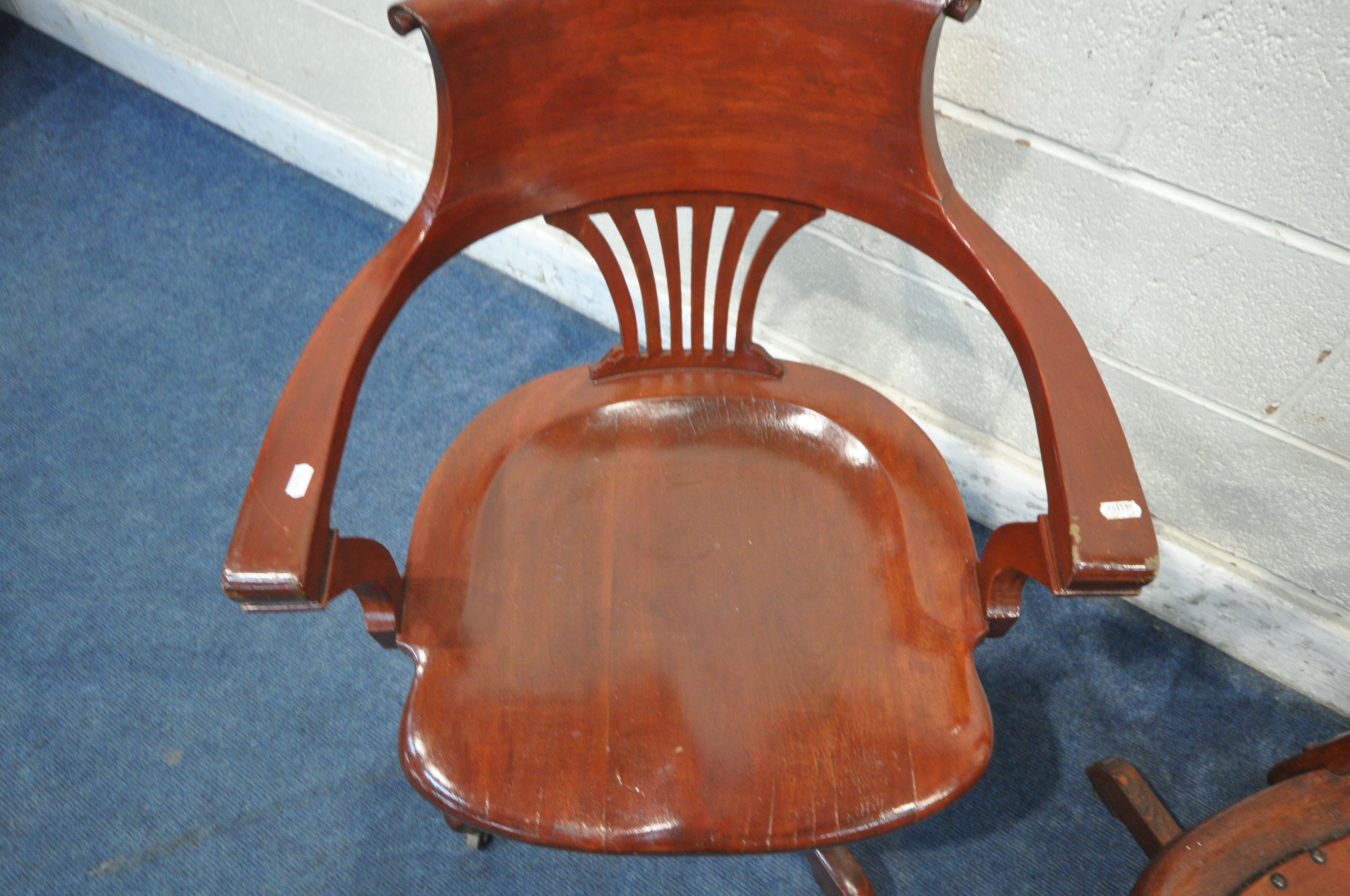 TWO 20TH CENTURY STAINED OFFICE CHAIRS, with open armrests, sprung mechanism, on four shaped legs ( - Image 2 of 4