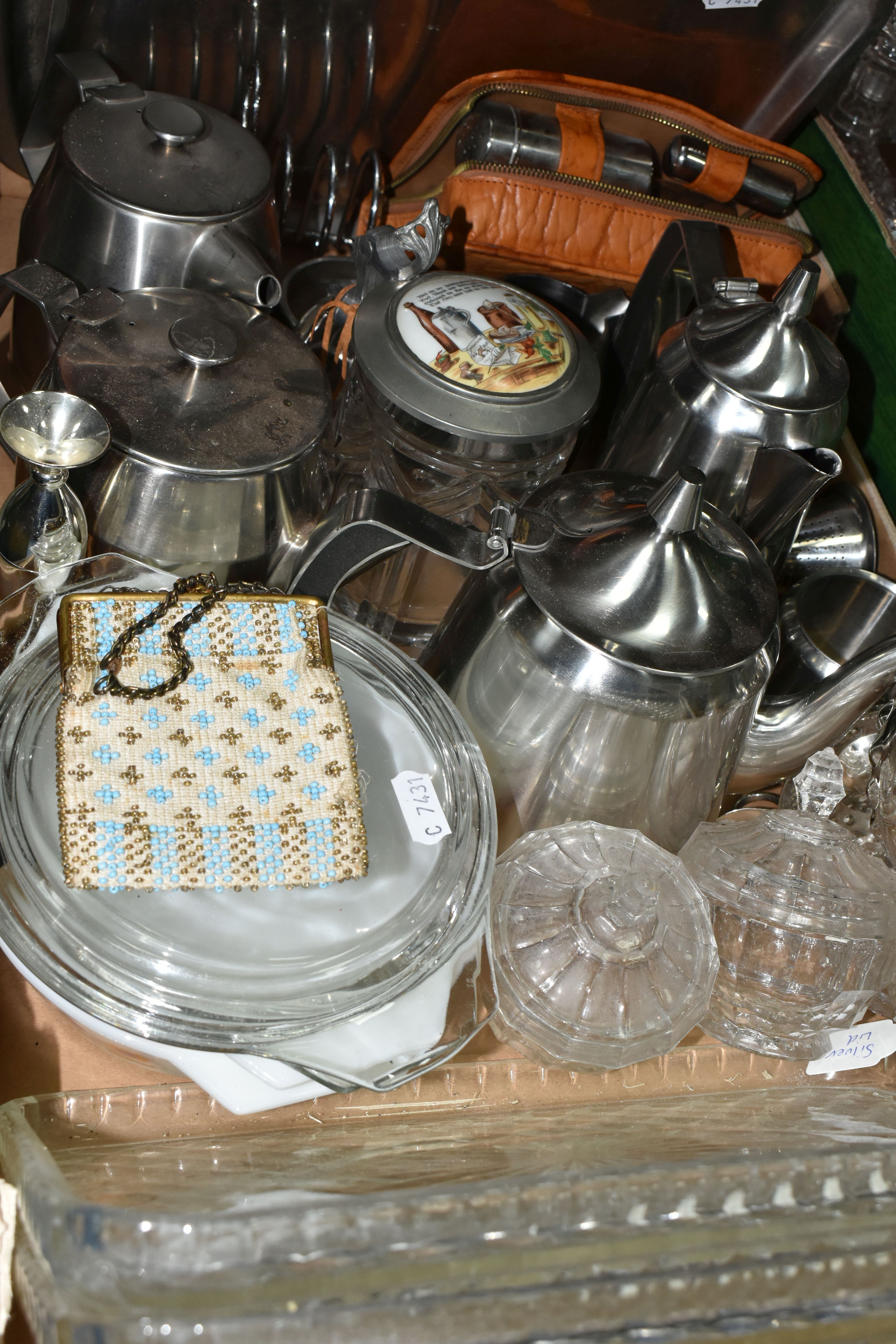 A BOX OF GLASS AND METALWARES, to include a glass inkwell with silver cover and mount, indistinct - Image 4 of 4