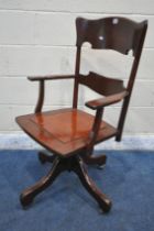 A JOHNSON AND CO STAINED BEECH SWIVEL OFFICE CHAIR, with open armrests, sprung mechanism on four