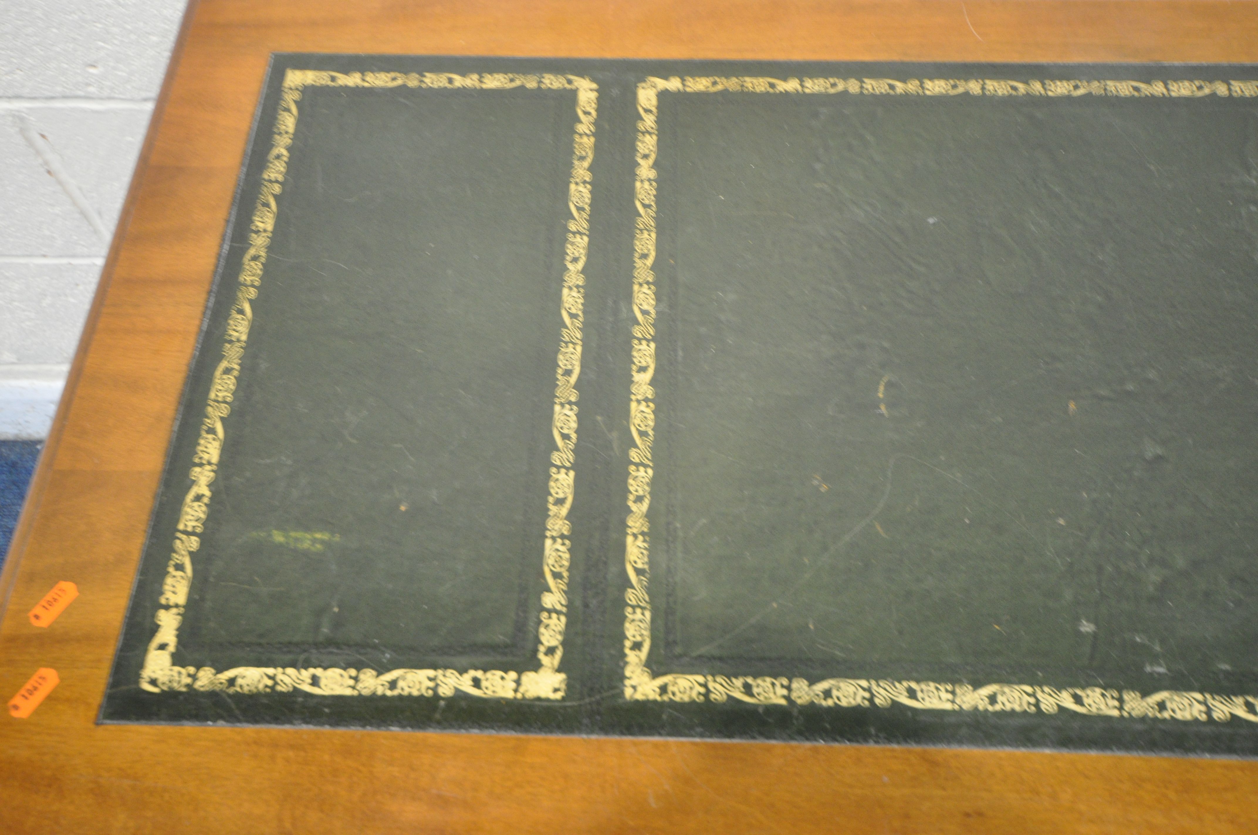 A 20TH CENTURY YEWWOOD TWIN PEDESTAL DESK, with a green tooled leather writing surface, fitted - Image 2 of 5