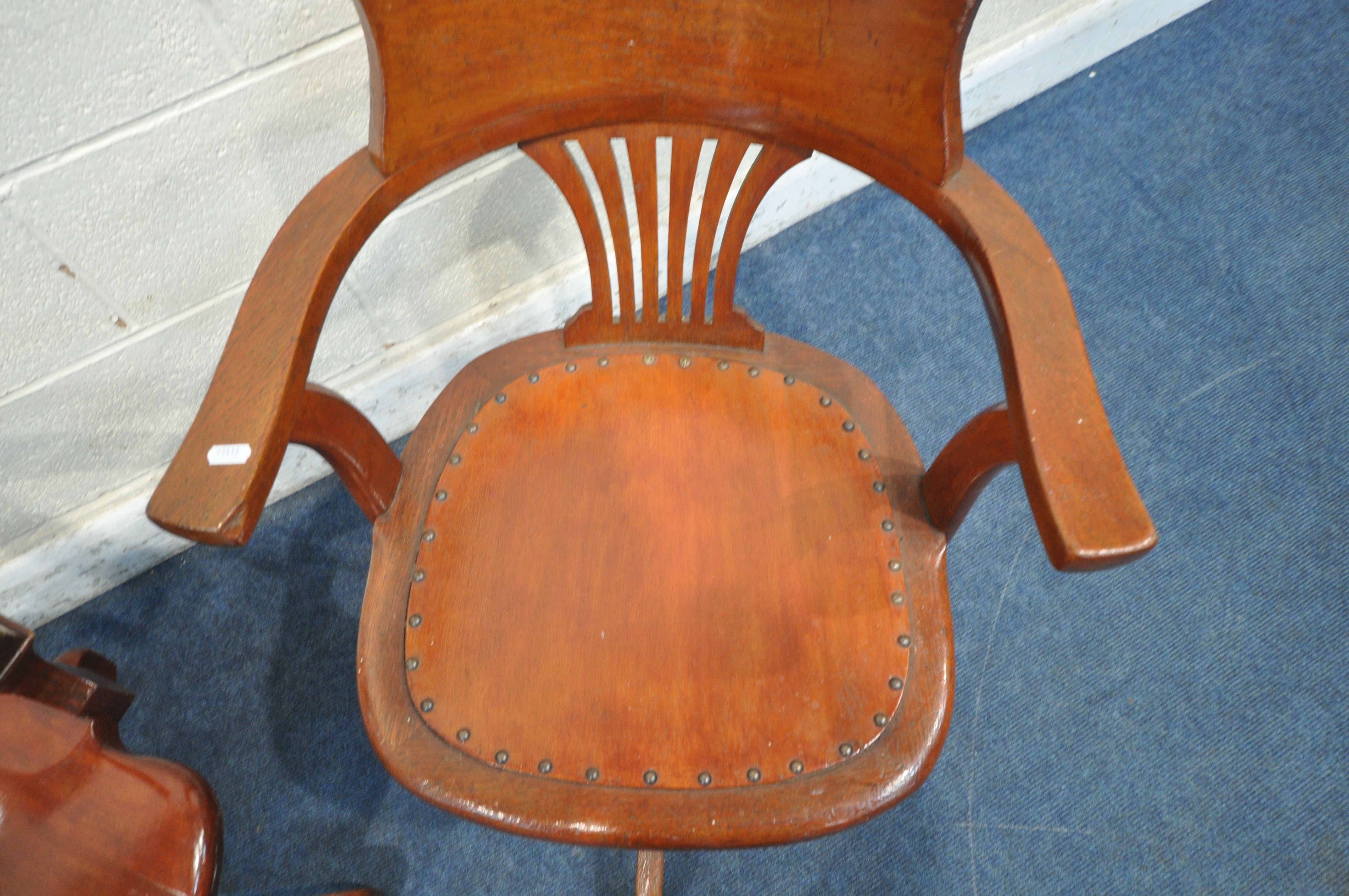 TWO 20TH CENTURY STAINED OFFICE CHAIRS, with open armrests, sprung mechanism, on four shaped legs ( - Image 3 of 4