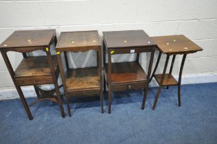 THREE EARLY 20TH CENTURY LAMP TABLES, with a single drawer, along with another stand, largest