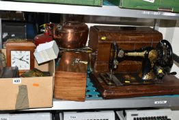 ONE BOX OF MISCELLANEOUS SUNDRIES, to include a modern Seiko mantel clock, a wooden cigarette box,