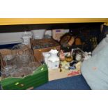 FOUR BOXES AND LOOSE CERAMICS, GLASS AND SUNDRY ITEMS, to include a grey Beswick cat no 1867 (