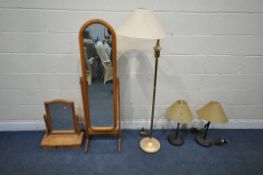 A SELECTION OF LAMPS AND MIRRORS, to include a pine cheval mirror, a pine dressing mirror with a