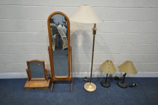A SELECTION OF LAMPS AND MIRRORS, to include a pine cheval mirror, a pine dressing mirror with a