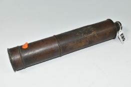 A VICTORIAN BRASS THREE DRAW TELESCOPE, no makers marking, damage and wear to outer brass casing,