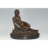 A MODERN BRONZE SCULPTURE, 'Young Woman Bathing' (after Mme. Leon Bertaux) on an oval marble plinth,