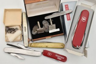 A SELECTION OF PENKNIVES AND CUFFLINKS, to include six penknives including Henley, Gerlach,