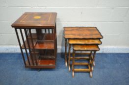 A 20TH CENTURY FLAME MAHOGANY AND INLAID REVOLVING BOOKCASE, 48cm squared x height 79cm, along