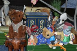 THREE BOXES OF WOODEN ORNAMENTS AND SOFT TOYS, to include an Orient Express 'Steward Bear', a
