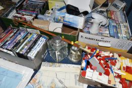 SIX BOXES OF MISCELLANEOUS SUNDRIES, to include a quantity of vintage Lego bricks, video