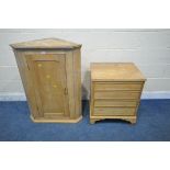 A PINE BOX COMMODE, with a hinged lid, on bracket feet, width 59cm x depth 49cm x height 69cm, along
