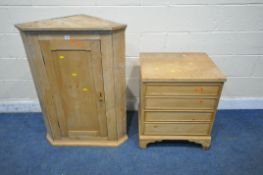 A PINE BOX COMMODE, with a hinged lid, on bracket feet, width 59cm x depth 49cm x height 69cm, along
