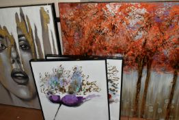 FOUR PIECES OF MODERN DECORATIVE WALL ART, comprising an embellished box canvas portrait of a female