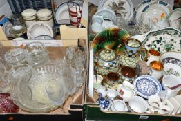 FOUR BOXES OF CERAMICS AND GLASS WARES, to include a Mason's Chartreuse wavy rimmed serving dish,