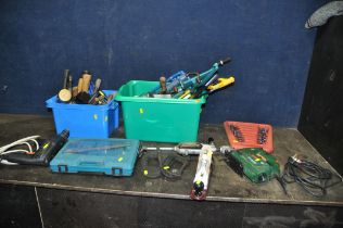 TWO TRAYS CONTAINING HAND AND POWER TOOLS including a Bosch PST700PAE jigsaw, a Black and Decker