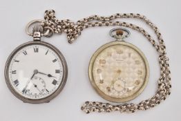 TWO OPEN FACE POCKET WATCHES, the first a Medana pocket watch with Arabic numerals and subsidiary