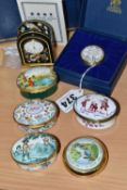 A GROUP OF HALCYON DAYS ENAMEL TRINKET BOXES, ETC, to include a boxed 'The Conquest of Happiness,